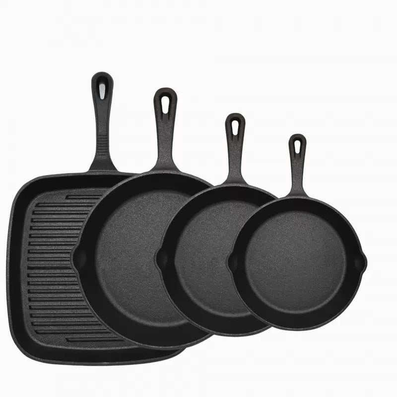 Four-piece set Heavy Duty Cast Iron Skillet & Grill Pan Thickened Vintage Style Cookware for Steak Breakfast & Camping