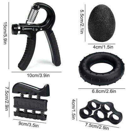 Black 5 in 1 Hand Grip Strengthener Kit Adjustable Resistance Finger Stretcher Stress Relief Ball and Grip Ring for Rehabilitation and Muscle Building