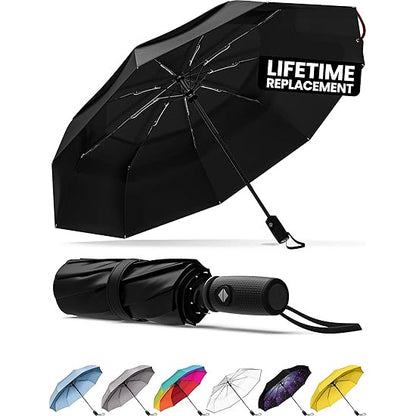Black Automatic Windproof Travel Umbrella Compact Folding Umbrella Auto Open and Close with Vented Double Canopy for Rain and Sun