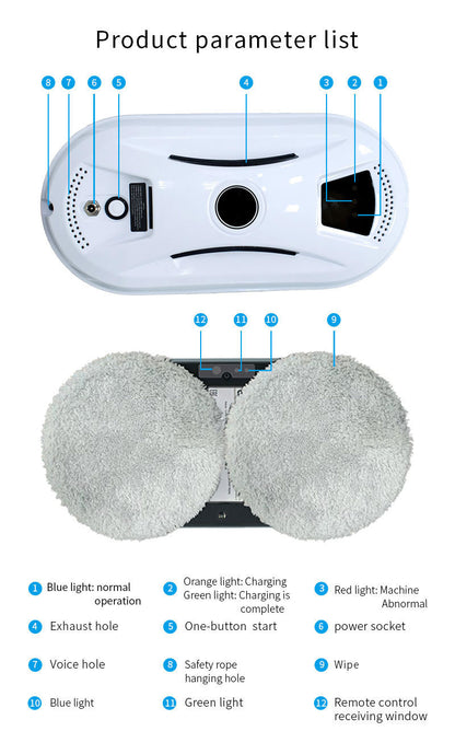 Smart Robot Window Cleaner - Automatic Glass Cleaning Washer with Remote Control - 2800Pa Suction & UPS Safety System - Includes 10 Microfibre Pads