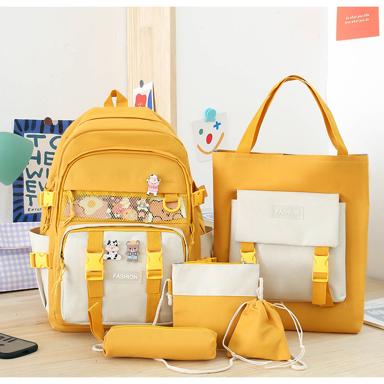 5 Piece Aesthetic School Backpack Set Yellow Oxford Fabric Fits 14 Inch Laptop