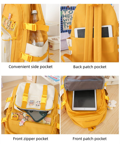 5 Piece Aesthetic School Backpack Set Yellow Oxford Fabric Fits 14 Inch Laptop