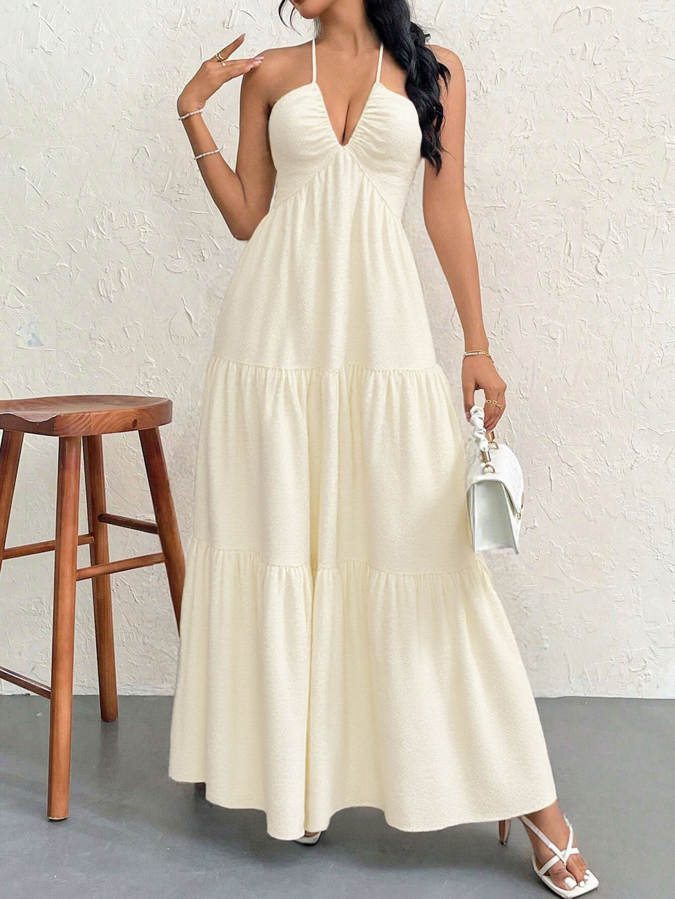 Apricot S Size Women's Elegant Halter Maxi Dress Summer Backless V-Neck Sleeveless Long Beach Resort Gown