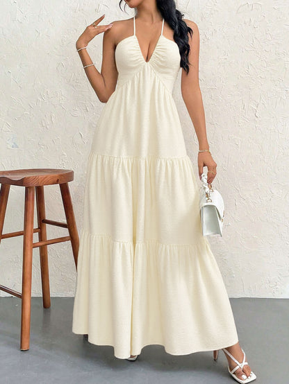 Apricot S Size Women's Elegant Halter Maxi Dress Summer Backless V-Neck Sleeveless Long Beach Resort Gown