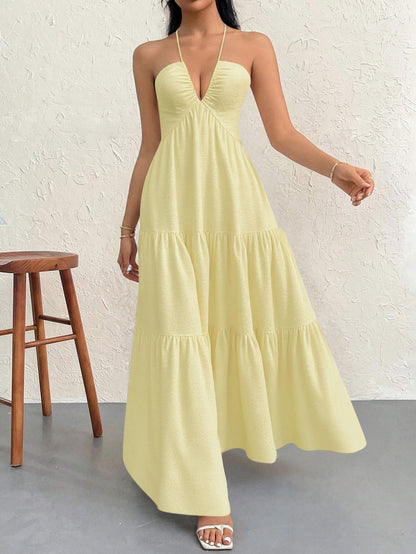 Yellow S Size Women's Elegant Halter Maxi Dress Summer Backless V-Neck Sleeveless Long Beach Resort Gown