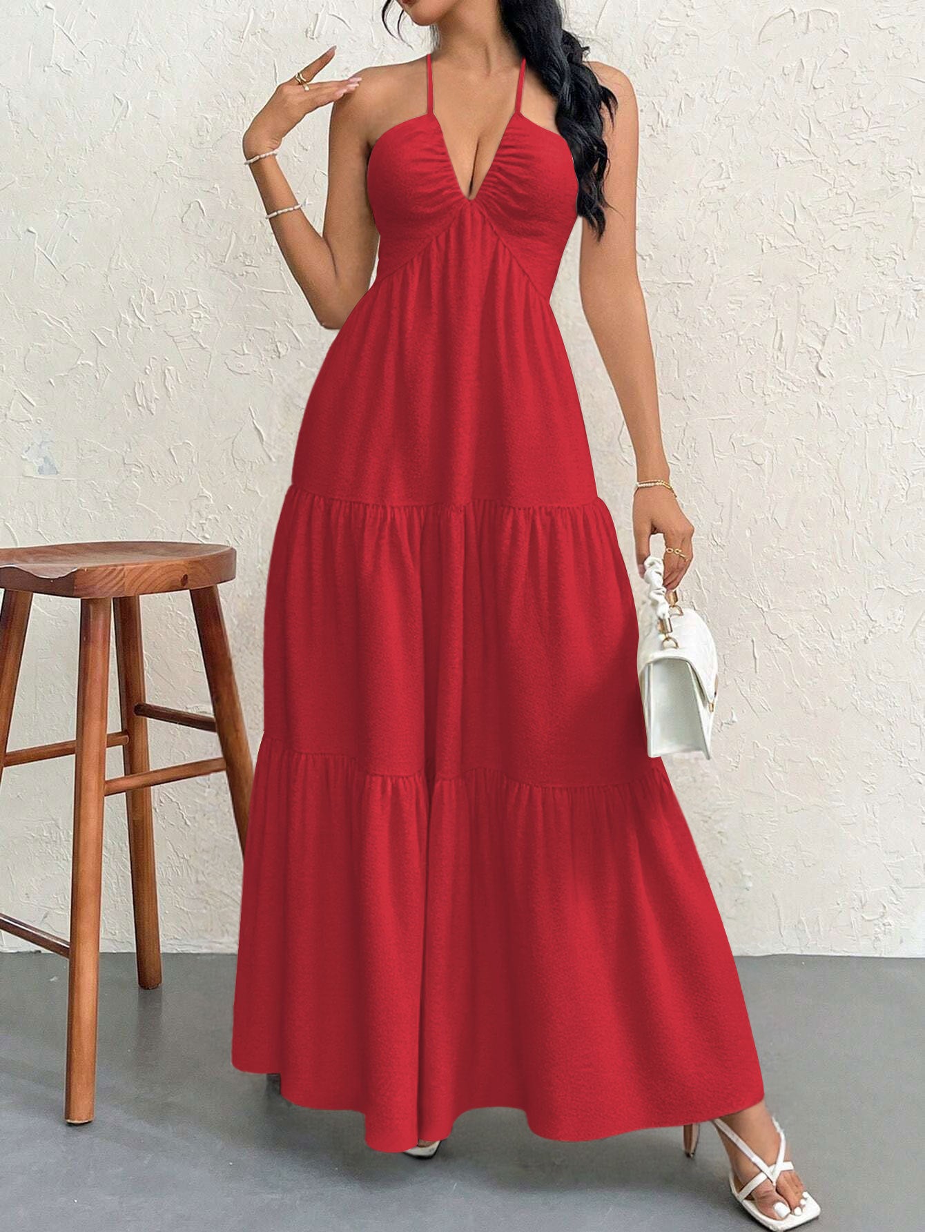 Red S Size Women's Elegant Halter Maxi Dress Summer Backless V-Neck Sleeveless Long Beach Resort Gown