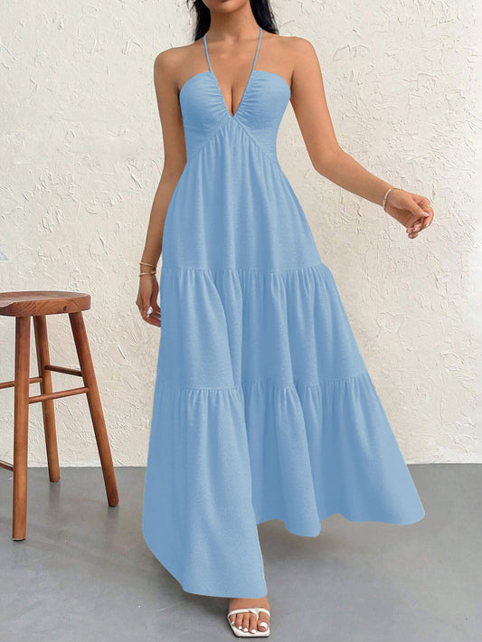 Blue S Size Women's Elegant Halter Maxi Dress Summer Backless V-Neck Sleeveless Long Beach Resort Gown