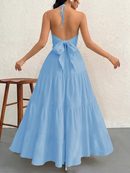 Blue S Size Women's Elegant Halter Maxi Dress Summer Backless V-Neck Sleeveless Long Beach Resort Gown