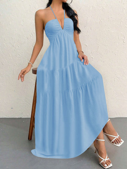 Blue S Size Women's Elegant Halter Maxi Dress Summer Backless V-Neck Sleeveless Long Beach Resort Gown