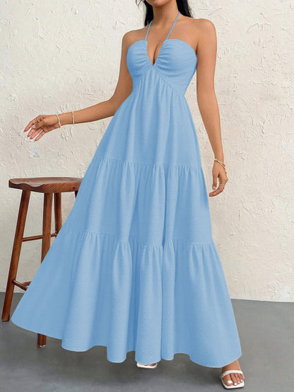 Blue S Size Women's Elegant Halter Maxi Dress Summer Backless V-Neck Sleeveless Long Beach Resort Gown