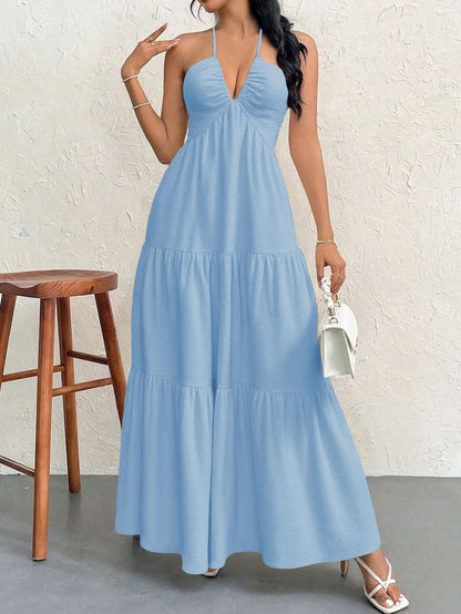 Blue S Size Women's Elegant Halter Maxi Dress Summer Backless V-Neck Sleeveless Long Beach Resort Gown