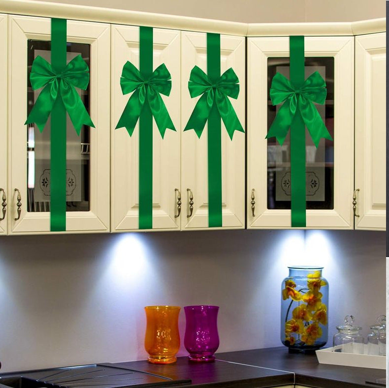 Green Satin Cabinet Door Bows 5 Pack - Large Pre-made Ribbon with Velcro Attachment for Kitchen Cupboards, Weddings, Gift Wrapping & Party Decor - Adjustable Fit