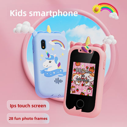 Kids Unicorn Smart Phone Toy with Dual Camera and IPS Touch Screen Educational Games MP3 Music Player 512MB Card Included Pink Silicone Case Ideal for Girls Gift