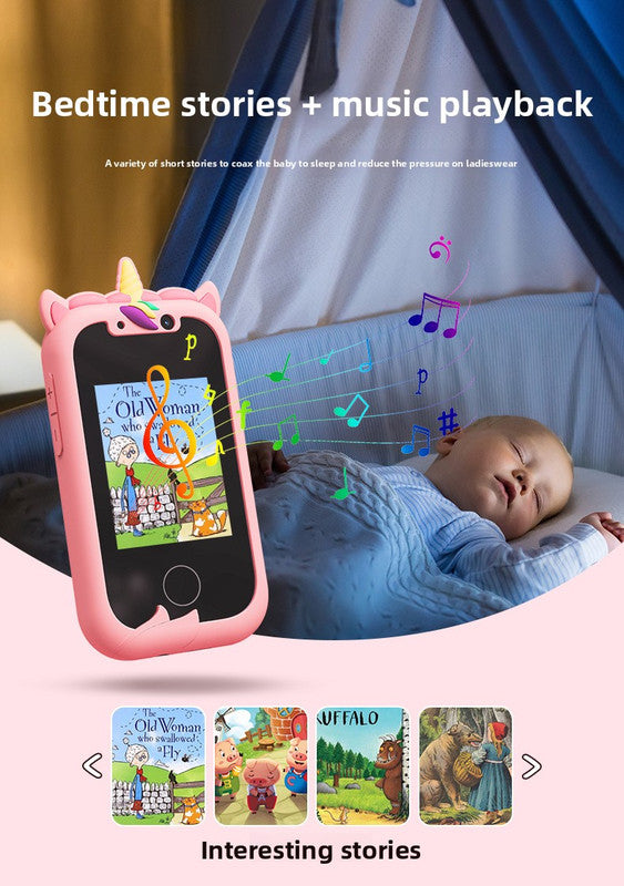 Kids Unicorn Smart Phone Toy with Dual Camera and IPS Touch Screen Educational Games MP3 Music Player 512MB Card Included Blue Silicone Case Ideal for Girls Gift