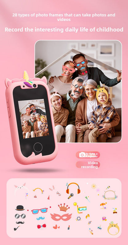 Kids Unicorn Smart Phone Toy with Dual Camera and IPS Touch Screen Educational Games MP3 Music Player 512MB Card Included Blue Silicone Case Ideal for Girls Gift