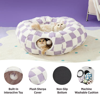 2-in-1 Cat Tunnel Bed Green Daisy 80cm - Plush Donut Pet Cave & Play Tube - Detachable Washable Cushion & Interactive Hanging Toy for Indoor Cats