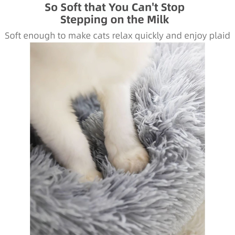 Grey Cozy Donut Long Plush Cat & Dog Calming Bed(Diameter 50cm) - Double-Layer PP Cotton Filling Warming Pet Bed with Anti-Slip Base & Free Blanket
