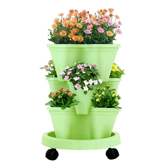 Green 3-Tier Stackable Strawberry & Vegetable Planter with Mobile Wheel Tray - Space-Saving Vertical Gardening System