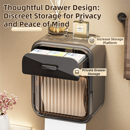 Cream White No-Drill Wall Mounted Toilet Paper Holder with Storage Shelf and Drawer - Waterproof Bathroom Tissue Dispenser for Roll & Face Tissue