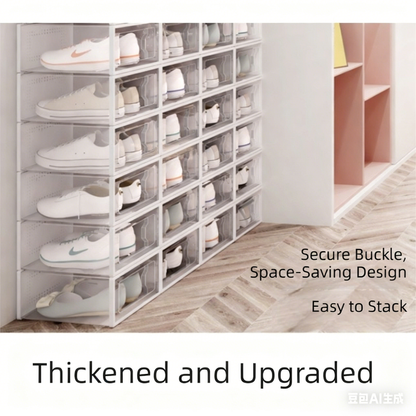 2-Pack Black Clear Stackable Shoe Storage Organizer Boxes - Durable Plastic Sneaker Display and Closet Storage Containers with Magnetic Drop Front