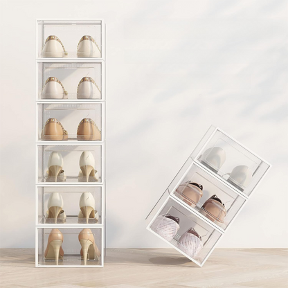 2-Pack Black Clear Stackable Shoe Storage Organizer Boxes - Durable Plastic Sneaker Display and Closet Storage Containers with Magnetic Drop Front