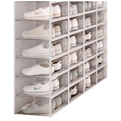 2-Pack White Clear Stackable Shoe Storage Organizer Boxes - Durable Plastic Sneaker Display and Closet Storage Containers with Magnetic Drop Front