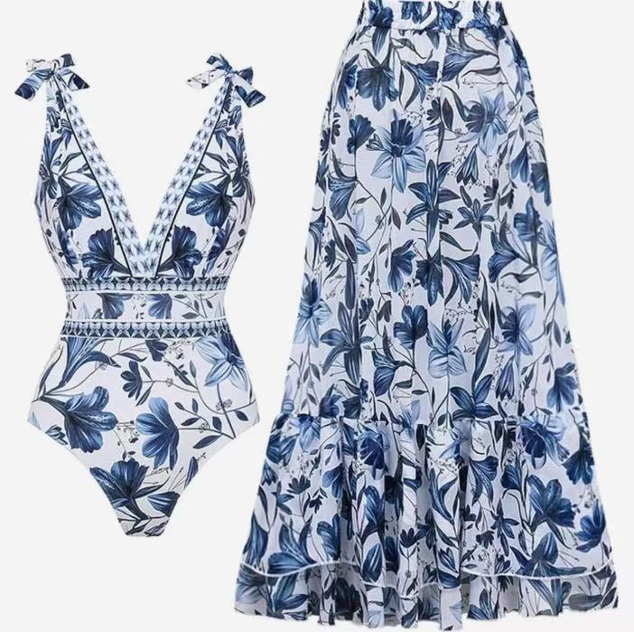 S Size Blue Print Women's Sexy One-Piece Swimsuit Set With Matching Long Dress  - European/American Style Bikini with Built-in Pads