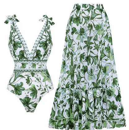 S Size Green Print Women's Sexy One-Piece Swimsuit Set With Matching Long Dress  - European/American Style Bikini with Built-in Pads