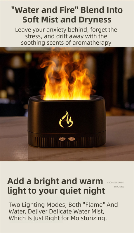 Black 3D Simulation Flame Aroma Diffuser & Humidifier - Ultrasonic Desktop Mister with 7-Color LED Light and Automatic Scent Spray (200ML)