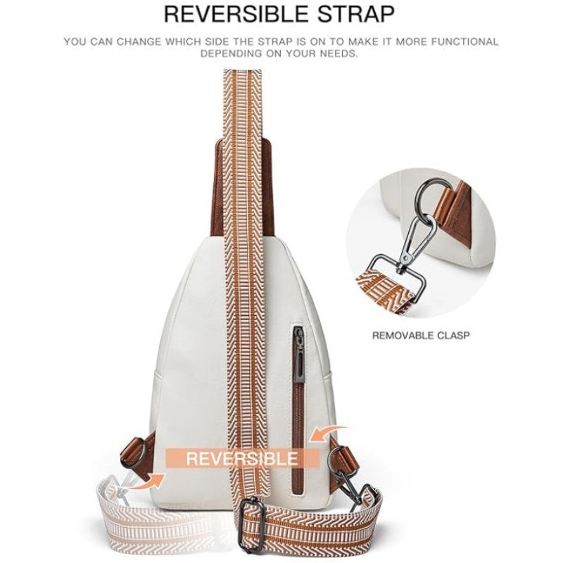 Brown Women's 3-Layer Zipped PU Chest Bag with Reversable Strap - Roomy But Not Nulky Single Shoulder Crossbody Bag