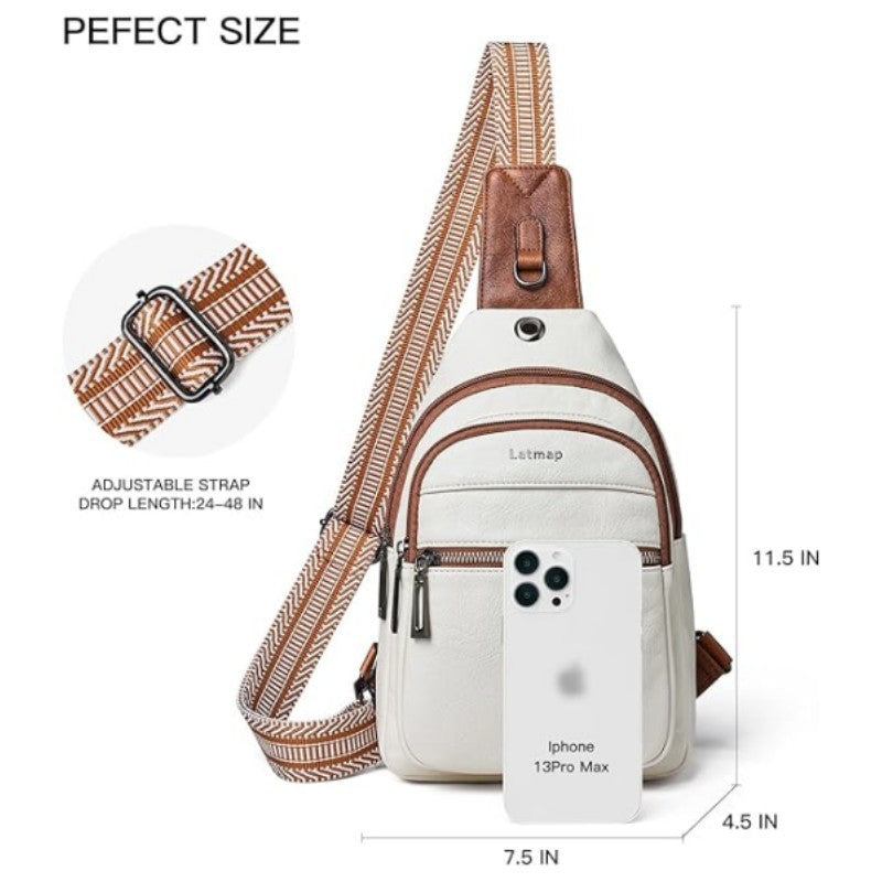 Brown Women's 3-Layer Zipped PU Chest Bag with Reversable Strap - Roomy But Not Nulky Single Shoulder Crossbody Bag
