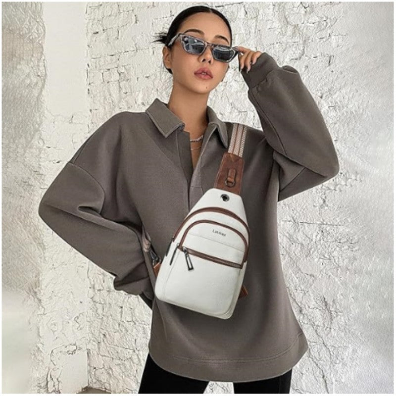 Brown Women's 3-Layer Zipped PU Chest Bag with Reversable Strap - Roomy But Not Nulky Single Shoulder Crossbody Bag