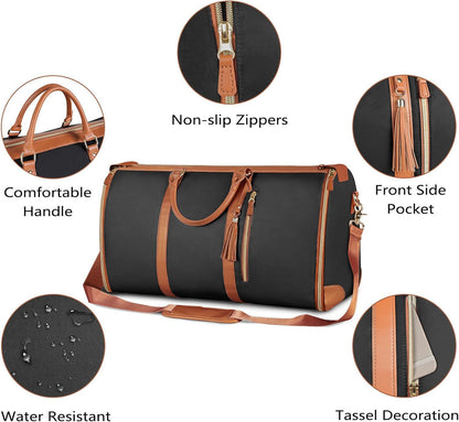 Brown 56-75L Large Capacity Foldable Garment Duffel Bag with Shoe Pouch - PU Leather Convertible Suit Carrier, Anti-Wrinkle Travel & Weekender Bag
