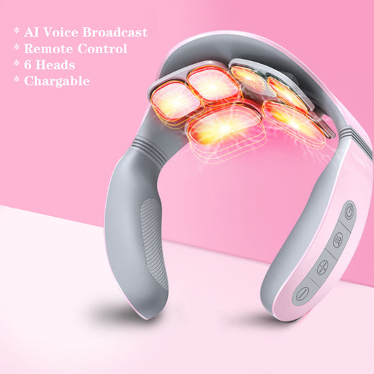 Pink 6 Heads Relax remote control AI Voice Broadcast Neck Massager Electric Chargable