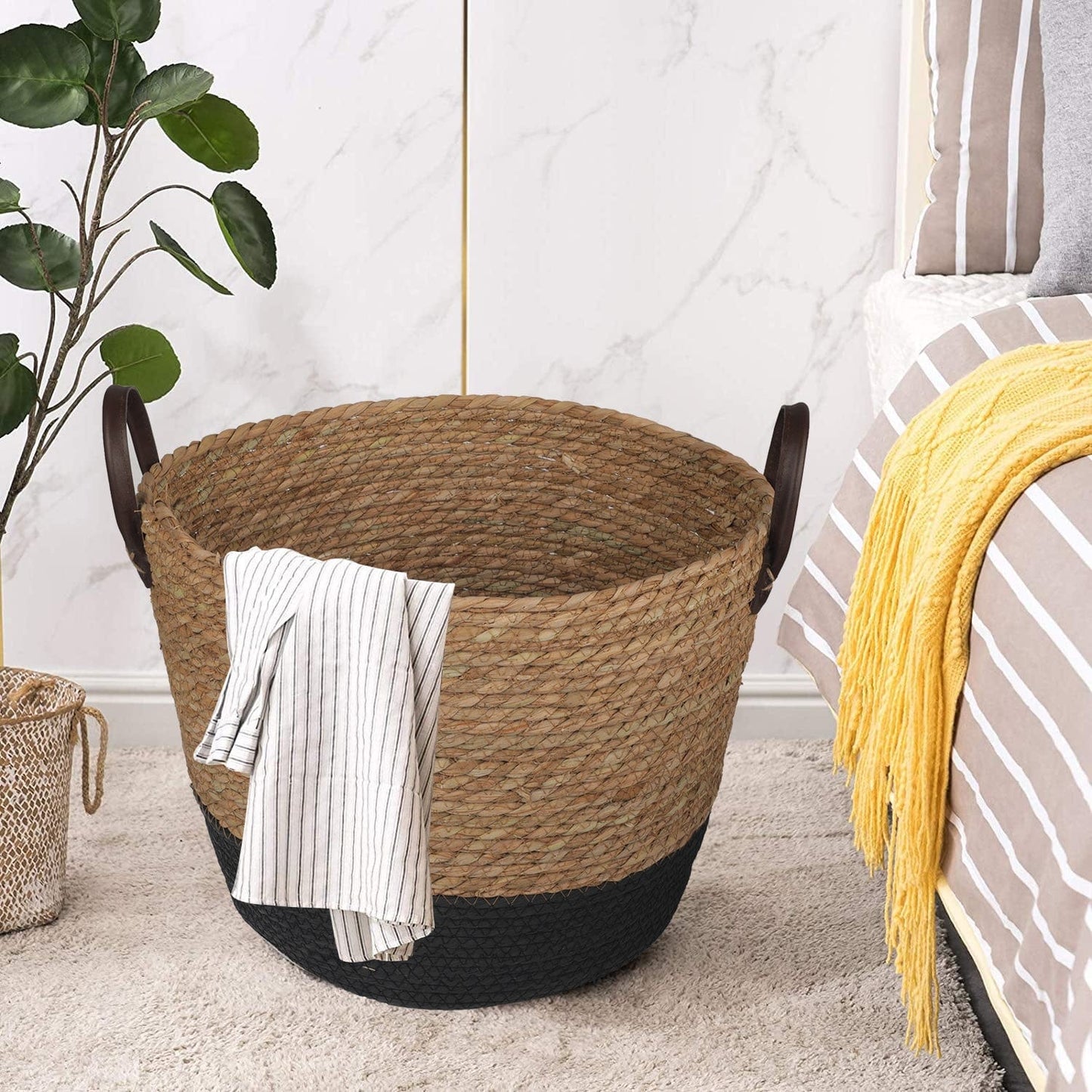 3 Piece Cotton Rope Stripe Carry Handles Storage Baskets Set