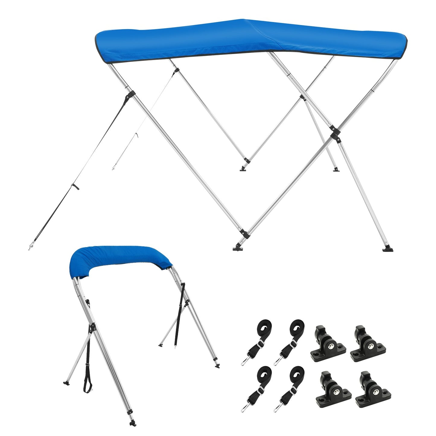 VEVOR 3 Bow Bimini Top Boat Cover, 900D Polyester Canopy with 1" Aluminum Alloy Frame, Waterproof and Sun Shade, Includes Storage Boot, 2 Support Poles, 4 Straps, 6'L x 46"H x 61"-66"W, Pacific Blue