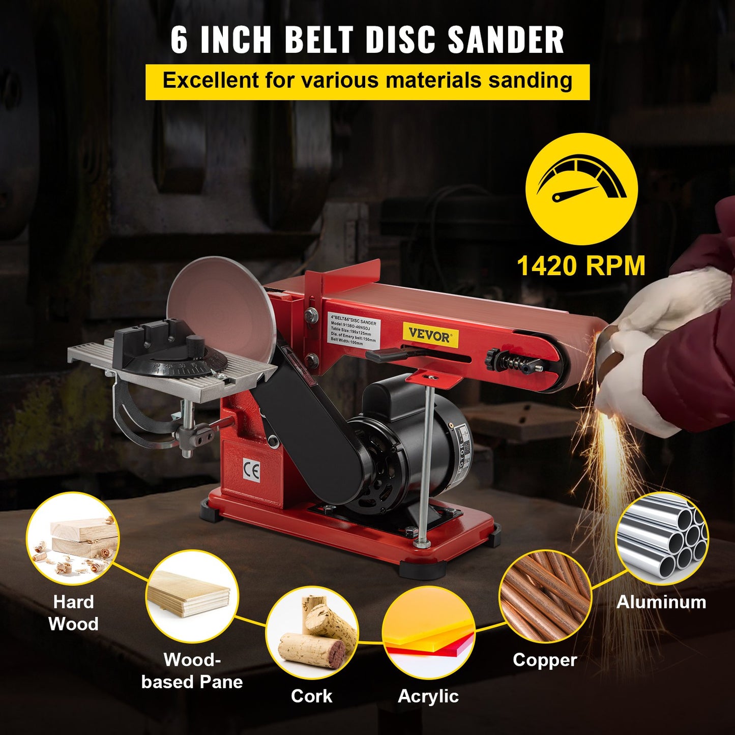 VEVOR Belt Sander 4" x 36", Disc Combo Sander 6",Electric Adjustable Bench Belt Sander 375W,Grinder Bench Sanding Machine With 4 Rubber Foot Pad