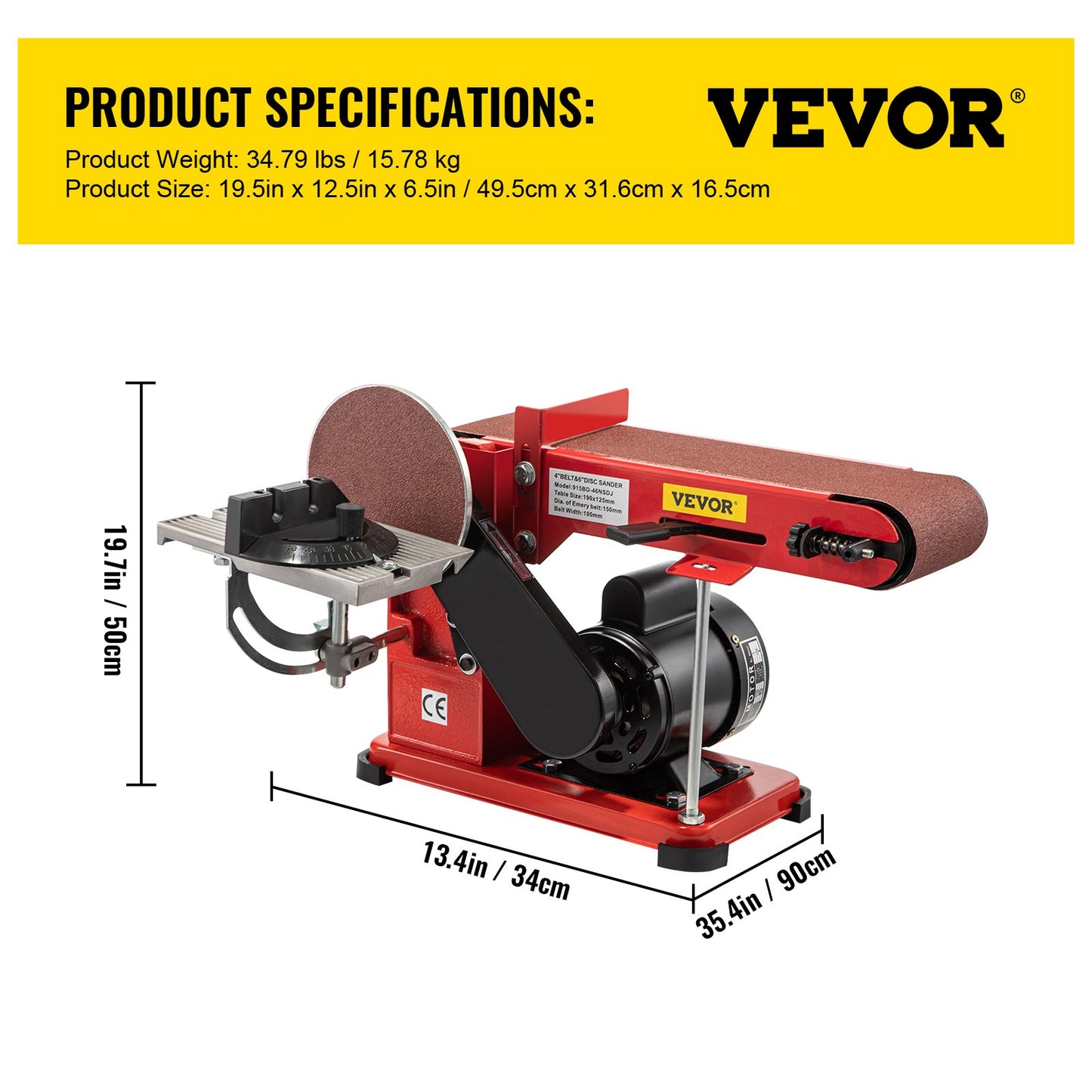 VEVOR Belt Sander 4" x 36", Disc Combo Sander 6",Electric Adjustable Bench Belt Sander 375W,Grinder Bench Sanding Machine With 4 Rubber Foot Pad
