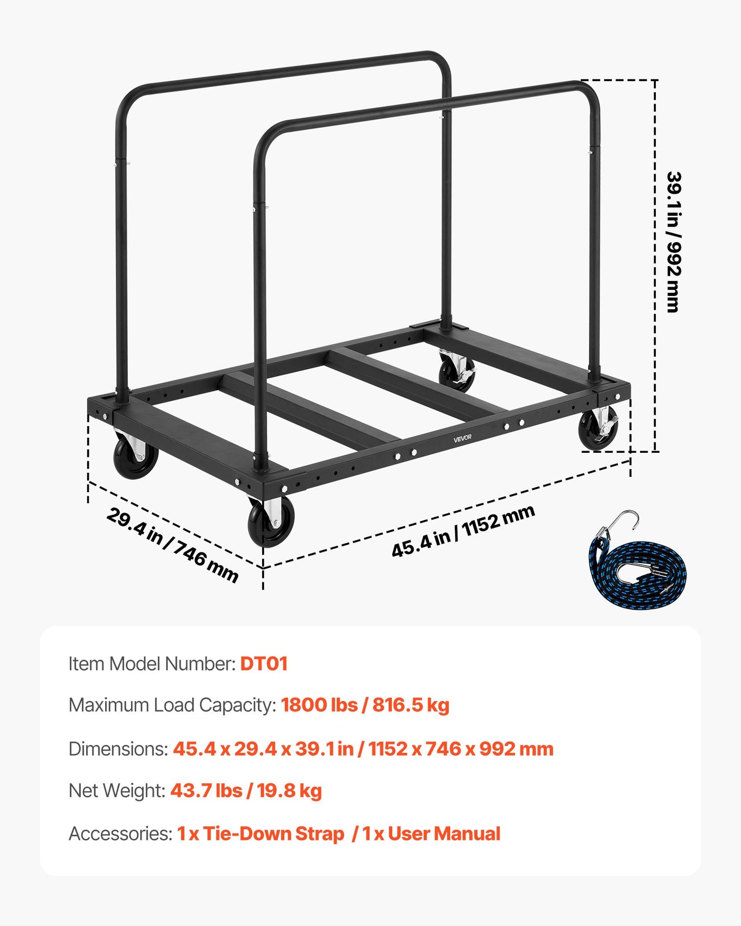 VEVOR Drywall Cart Dolly, 816 kg Load Capacity, Steel Panel Truck Cart with 12.5 mm Swivel Casters, Lumber Drywall Dolly with Tie-Down Strap & 2 Side Handrails for Factory, Warehouse, Garage, Black