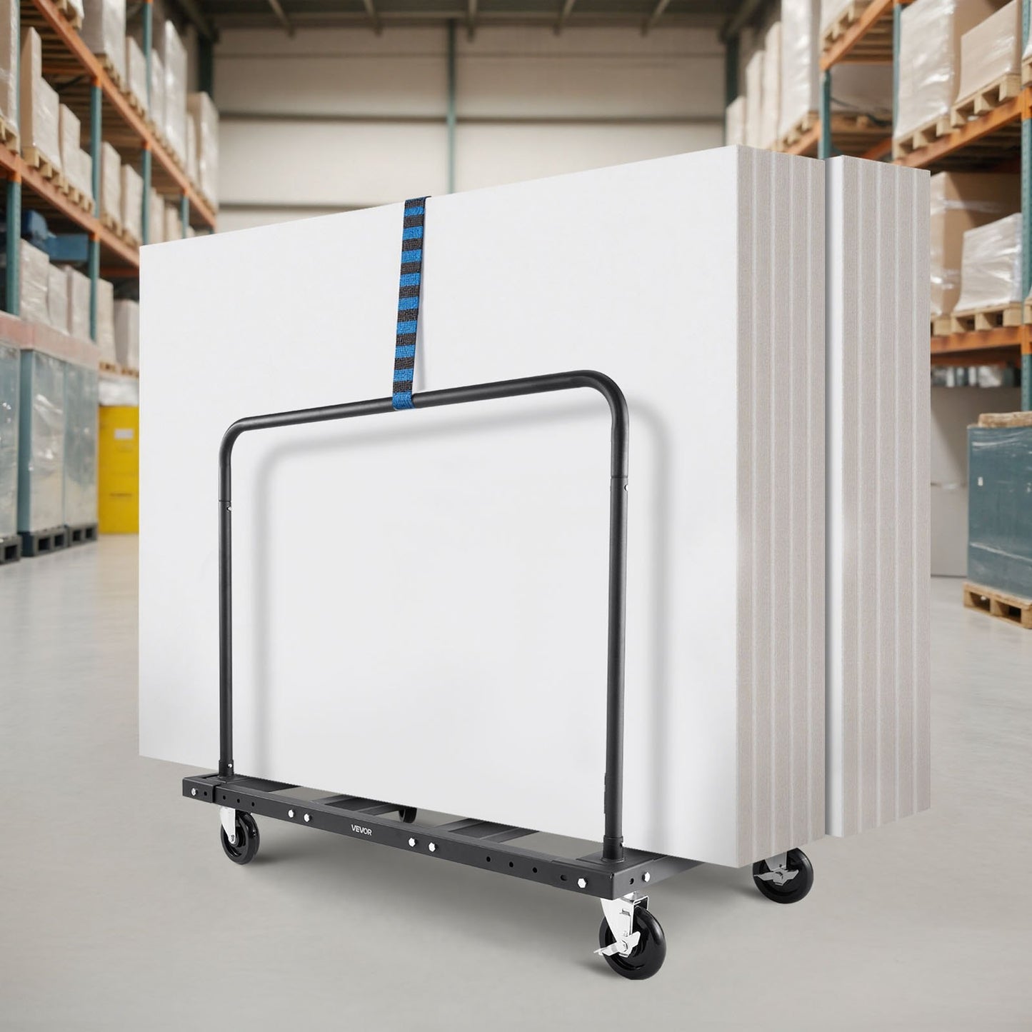 VEVOR Drywall Cart Dolly, 816 kg Load Capacity, Steel Panel Truck Cart with 12.5 mm Swivel Casters, Lumber Drywall Dolly with Tie-Down Strap & 2 Side Handrails for Factory, Warehouse, Garage, Black