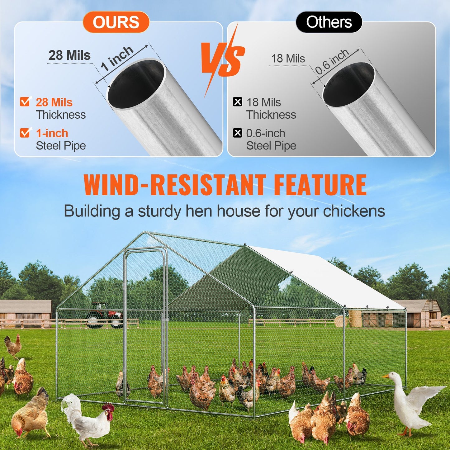 VEVOR Large Metal Chicken Coop, 3x3.93x1.99 m Walk-in Chicken Runs for Yard with Cover, Spire Roof Hen House with Security Lock for Outdoor and Backyard, Farm, Duck Rabbit Cage Poultry Pen