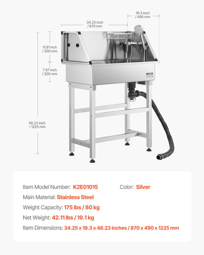 VEVOR 86.4 cm Stainless Steel Dog Washing Station, Pet Grooming Tub with Hot & Cold Faucet, Showerhead, Storage Rack, No-Bend All-in-One Bathtub, Home Wash Sink, Fits Small Cats and Dogs