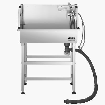 VEVOR 86.4 cm Stainless Steel Dog Washing Station, Pet Grooming Tub with Hot & Cold Faucet, Showerhead, Storage Rack, No-Bend All-in-One Bathtub, Home Wash Sink, Fits Small Cats and Dogs