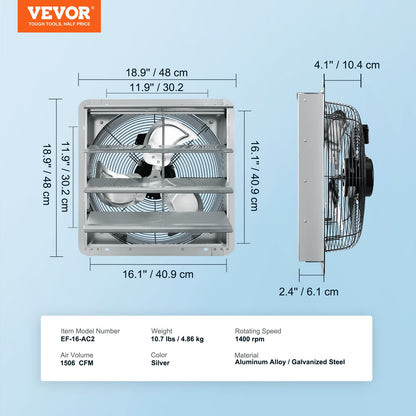 VEVOR Shutter Exhaust Fan, 406 mm High-speed 1400RPM 1506 CFM, Aluminum Wall Mount Attic Fan with AC-motor, Ventilation and Cooling for Greenhouses, Garages, Sheds, Shops