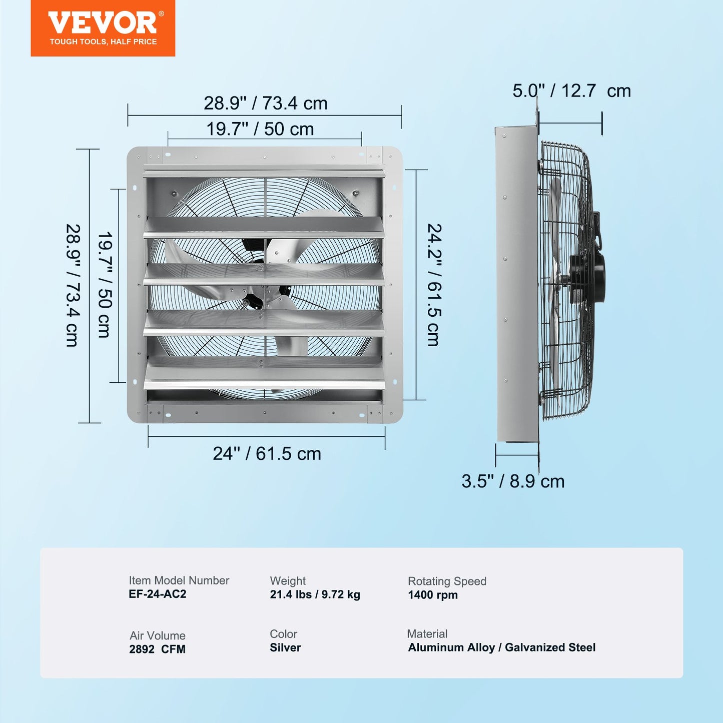 VEVOR Shutter Exhaust Fan, 610 mm High-speed 1400RPM 2892 CFM, Aluminum Wall Mount Attic Fan with AC-motor, Ventilation and Cooling for Greenhouses, Garages, Sheds, Shops