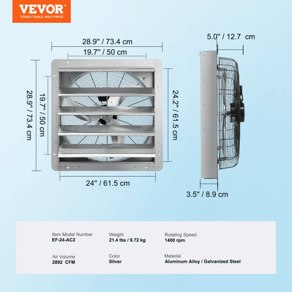 VEVOR Shutter Exhaust Fan, 610 mm High-speed 1400RPM 2892 CFM, Aluminum Wall Mount Attic Fan with AC-motor, Ventilation and Cooling for Greenhouses, Garages, Sheds, Shops