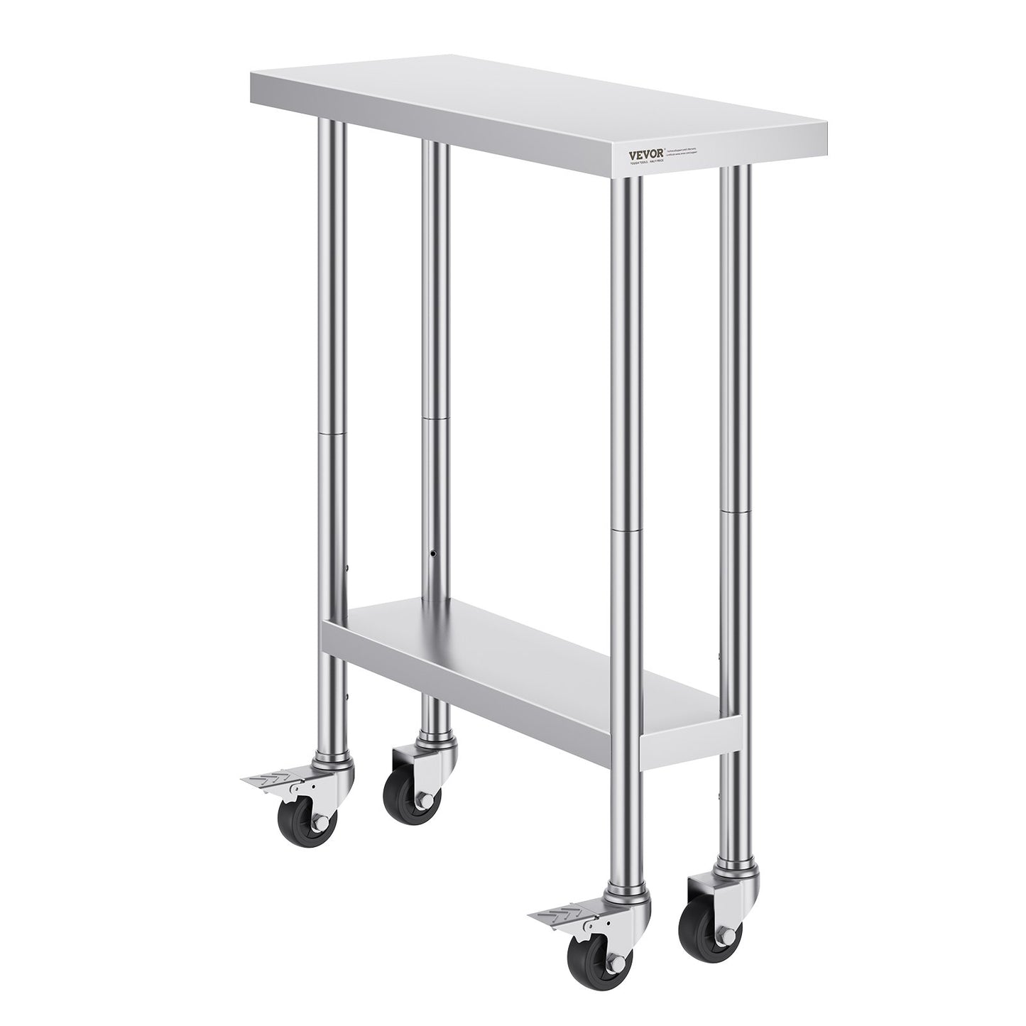VEVOR Stainless Steel Work Table 30 x 12 x 38 Inch, with 4 Wheels, 3 Adjustable Height Levels, Heavy Duty Food Prep Worktable for Commercial Kitchen Restaurant, Silver