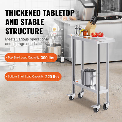 VEVOR Stainless Steel Work Table 30 x 12 x 38 Inch, with 4 Wheels, 3 Adjustable Height Levels, Heavy Duty Food Prep Worktable for Commercial Kitchen Restaurant, Silver