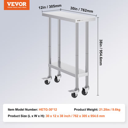 VEVOR Stainless Steel Work Table 30 x 12 x 38 Inch, with 4 Wheels, 3 Adjustable Height Levels, Heavy Duty Food Prep Worktable for Commercial Kitchen Restaurant, Silver