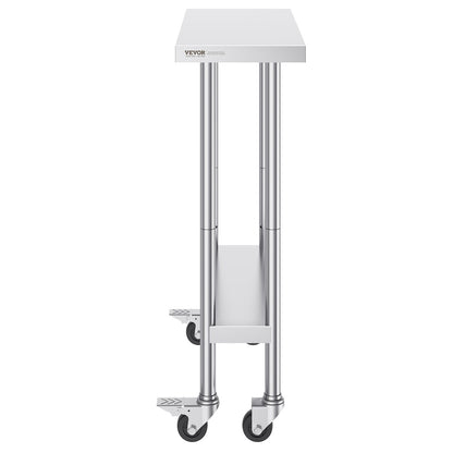 VEVOR Stainless Steel Work Table 30 x 12 x 38 Inch, with 4 Wheels, 3 Adjustable Height Levels, Heavy Duty Food Prep Worktable for Commercial Kitchen Restaurant, Silver